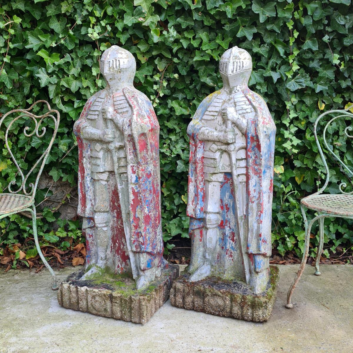 2 large cast stone knights