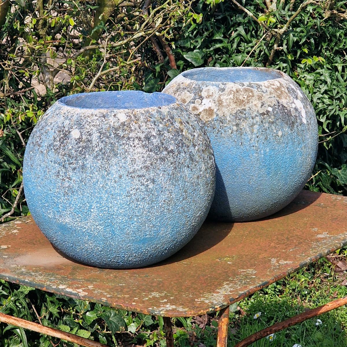 Pair of blue sphere planters