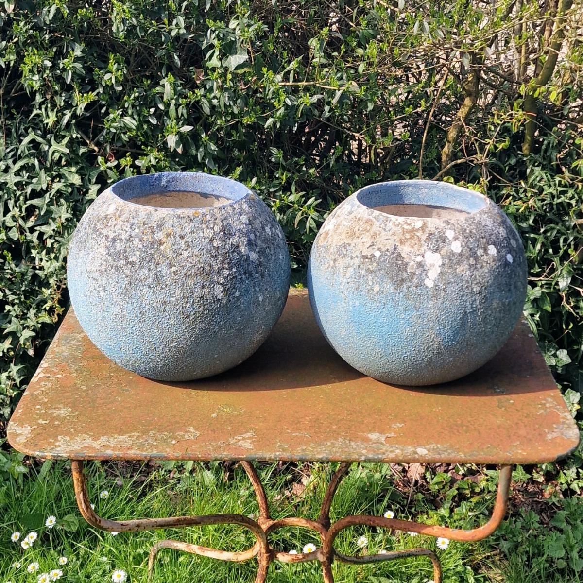 Pair of blue sphere planters