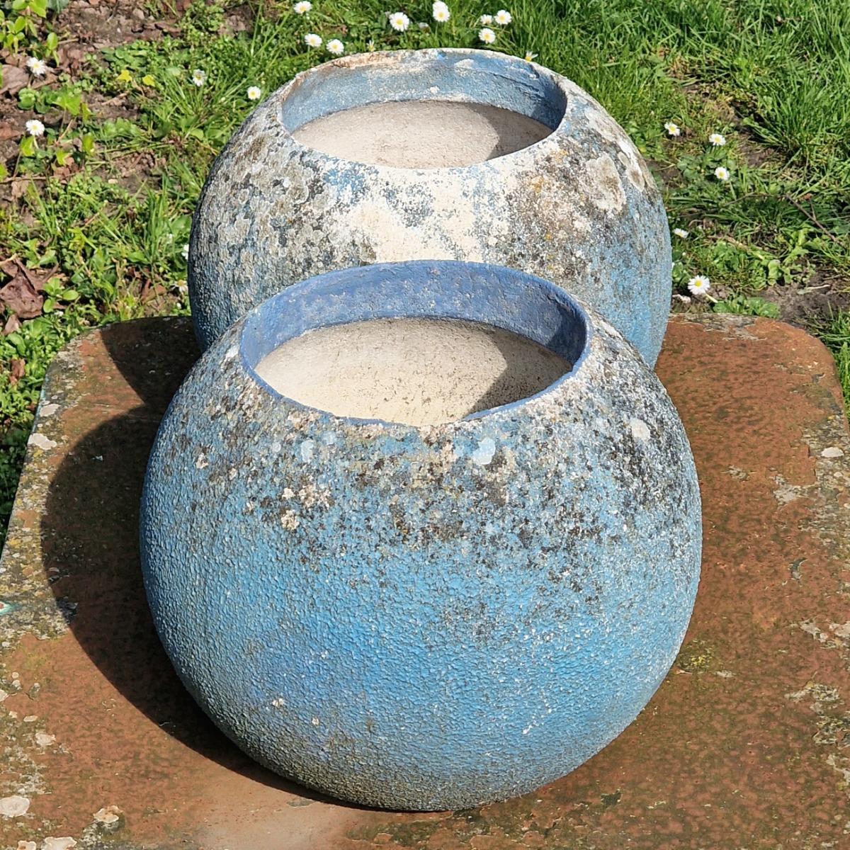 Pair of blue sphere planters