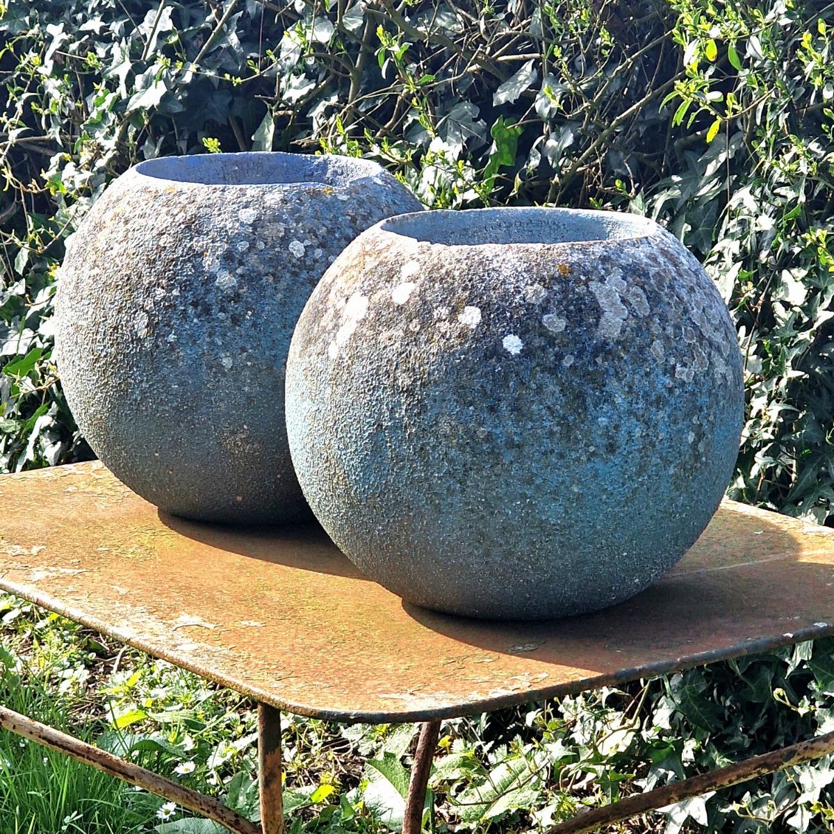 Pair of blue sphere planters
