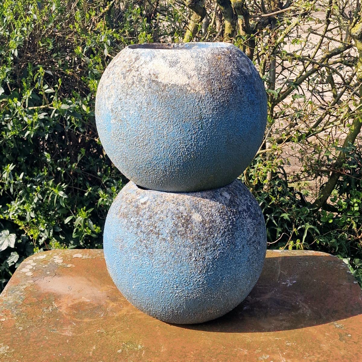 Pair of blue sphere planters