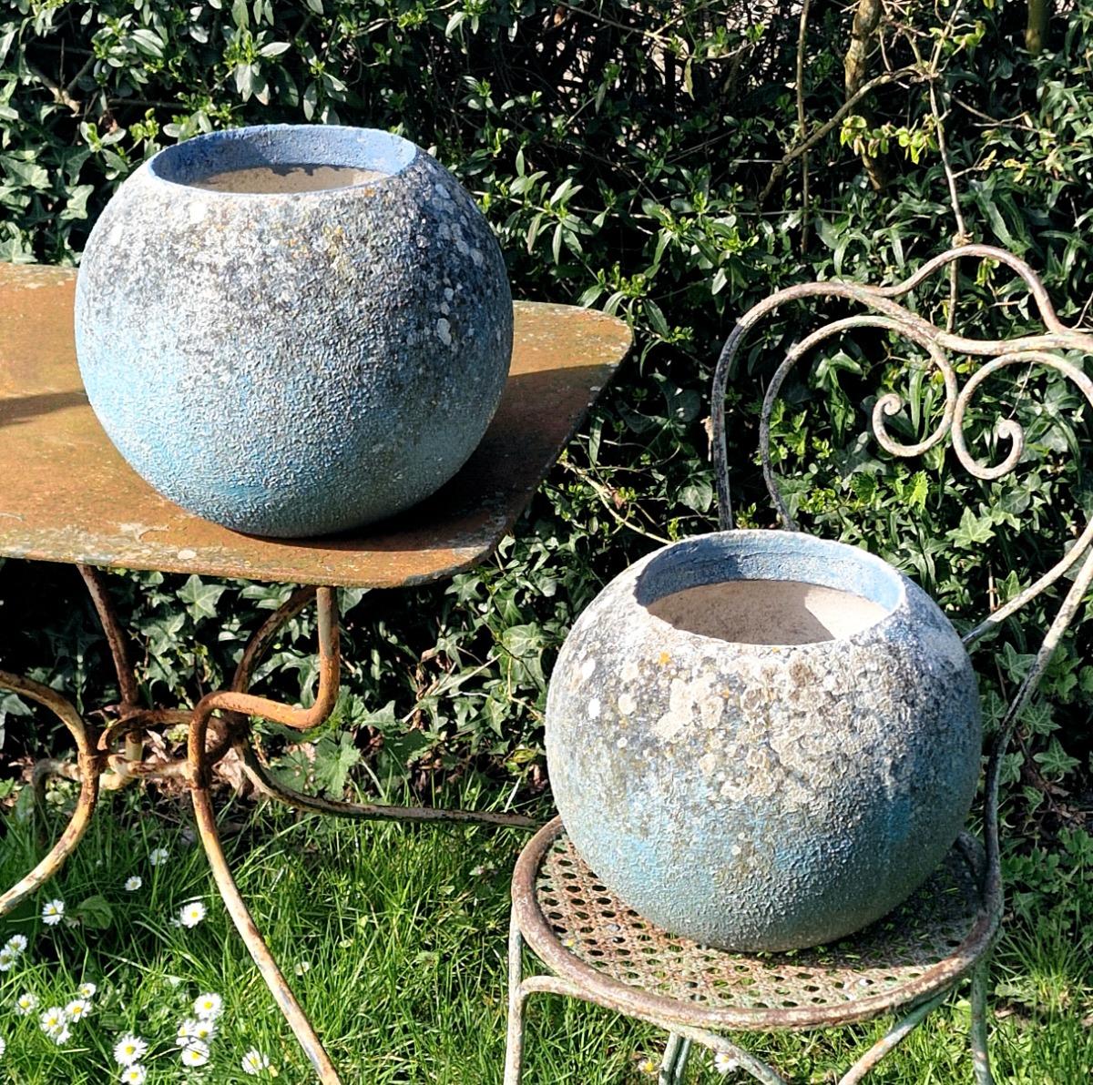 Pair of blue sphere planters