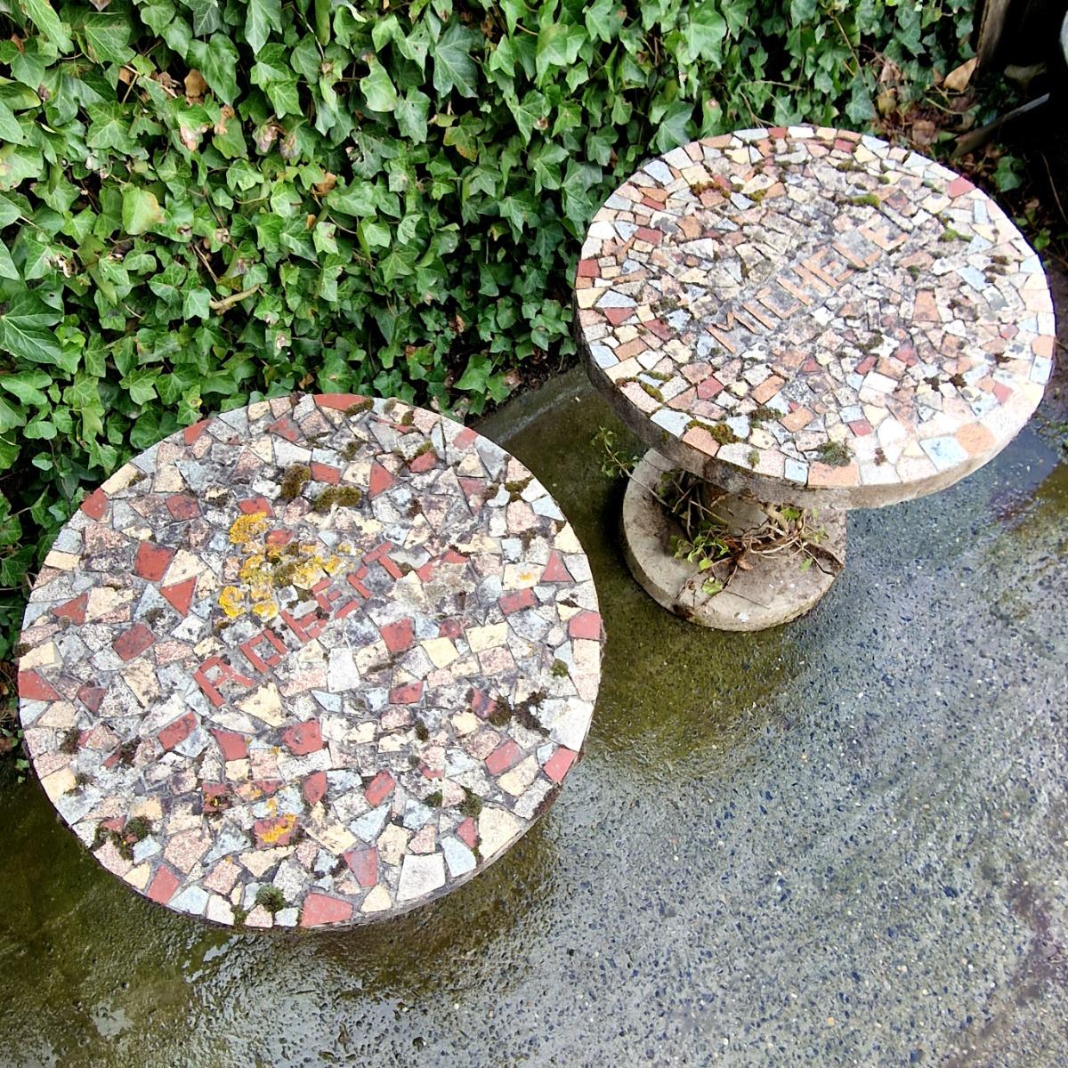 Pair of cast stone mosaic tables