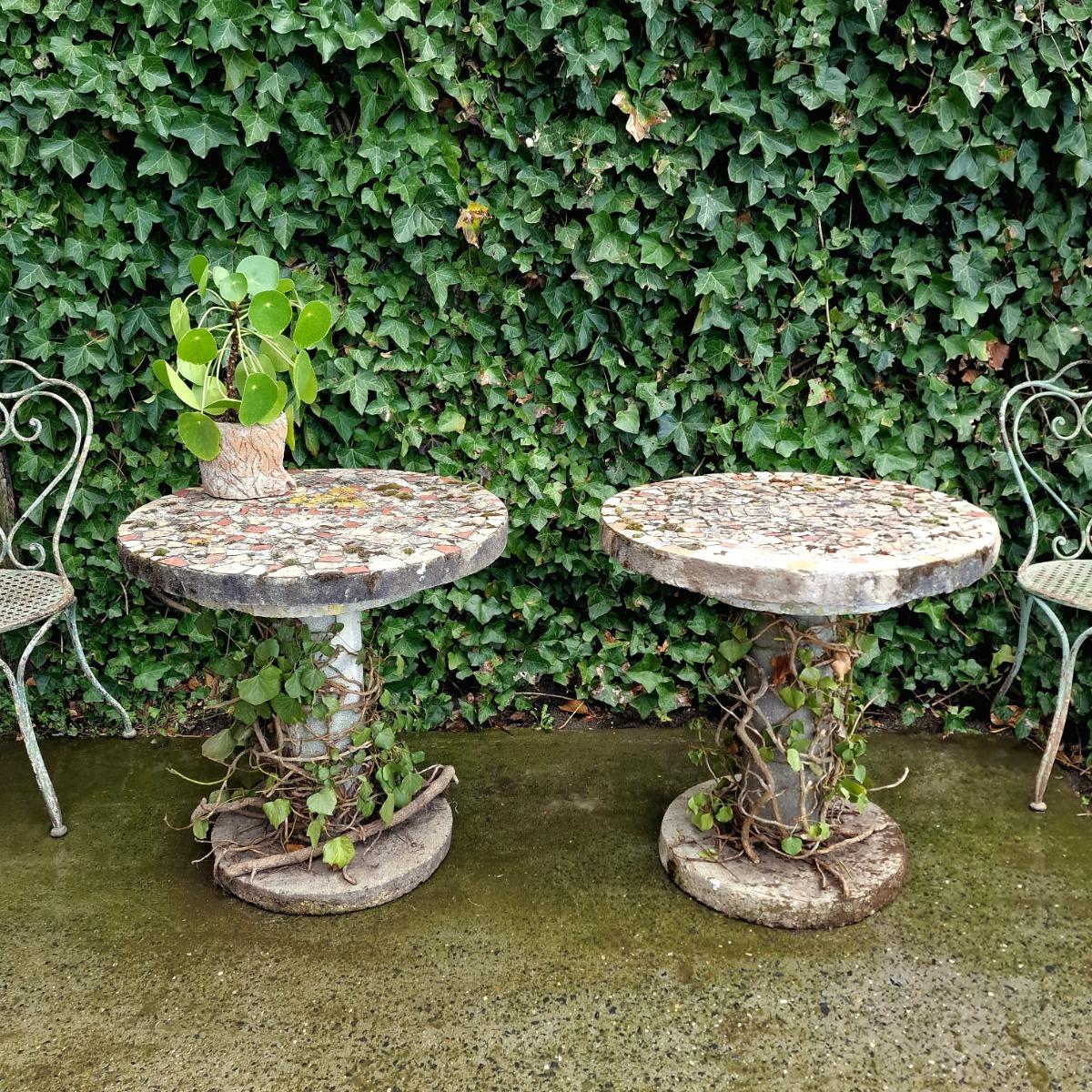 Pair of cast stone mosaic tables