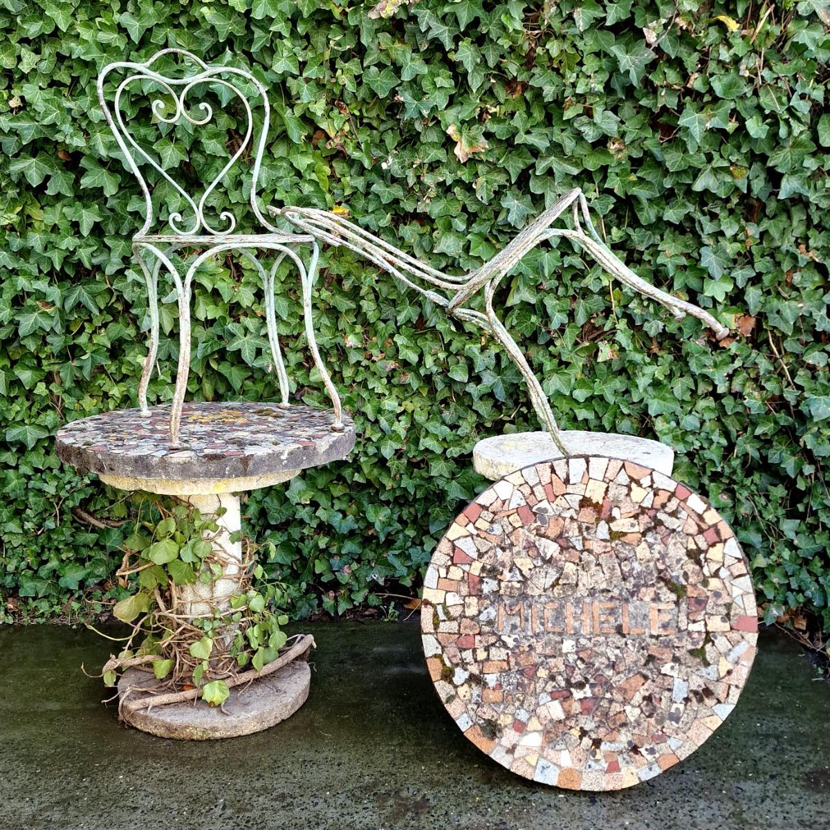 Pair of cast stone mosaic tables