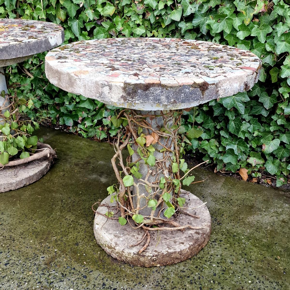 Pair of cast stone mosaic tables