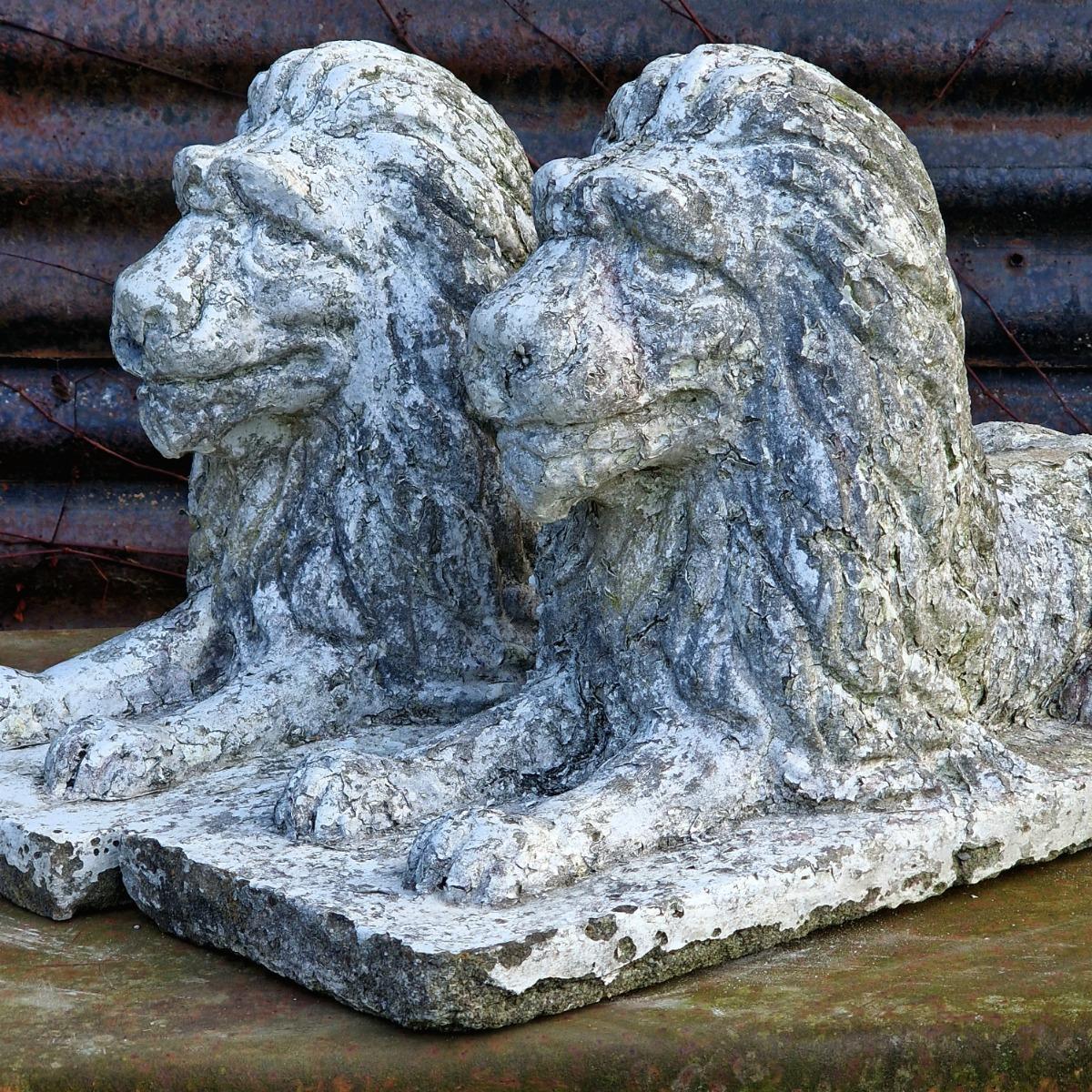 Pair of cute cast stone lions