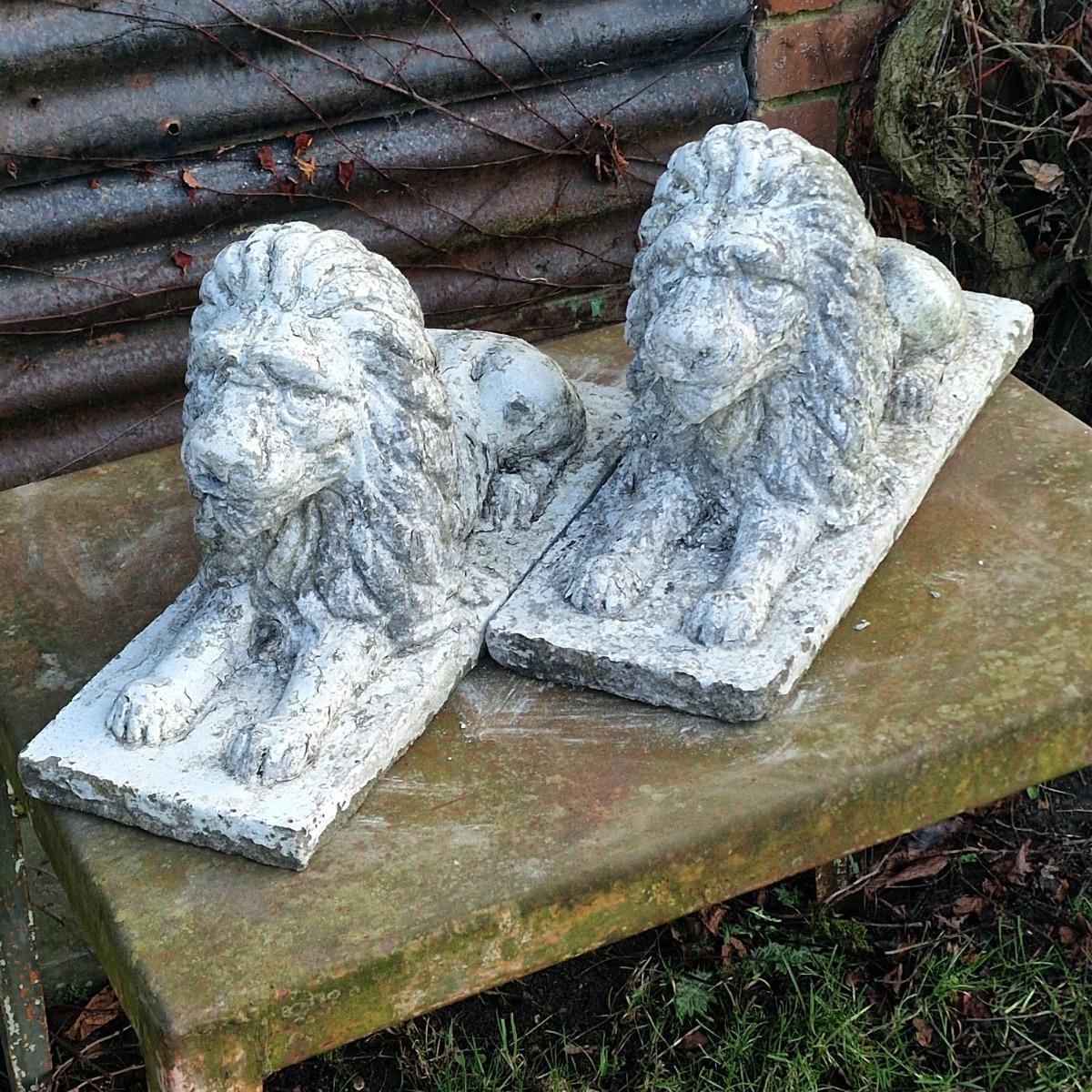 Pair of cute cast stone lions
