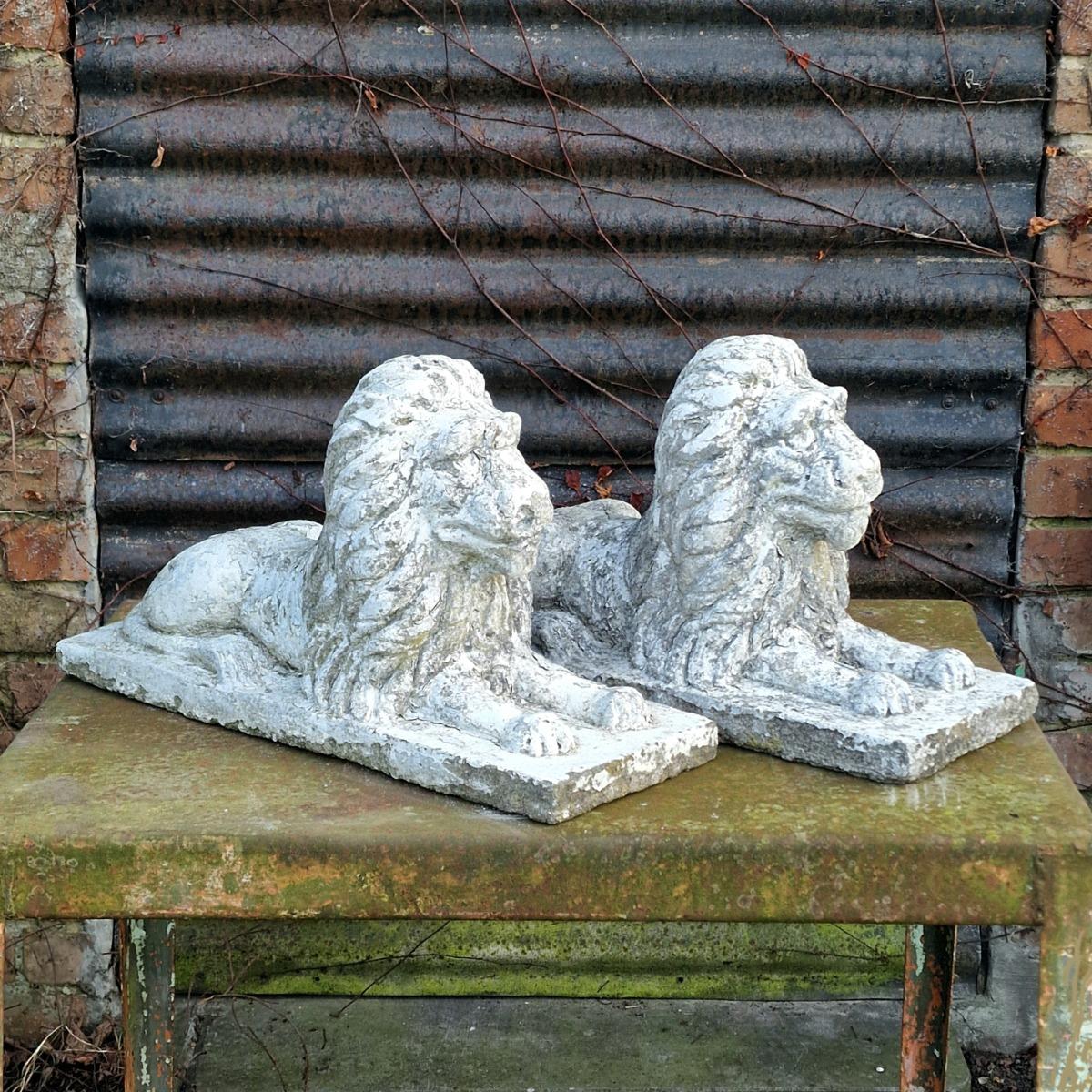 Pair of cute cast stone lions