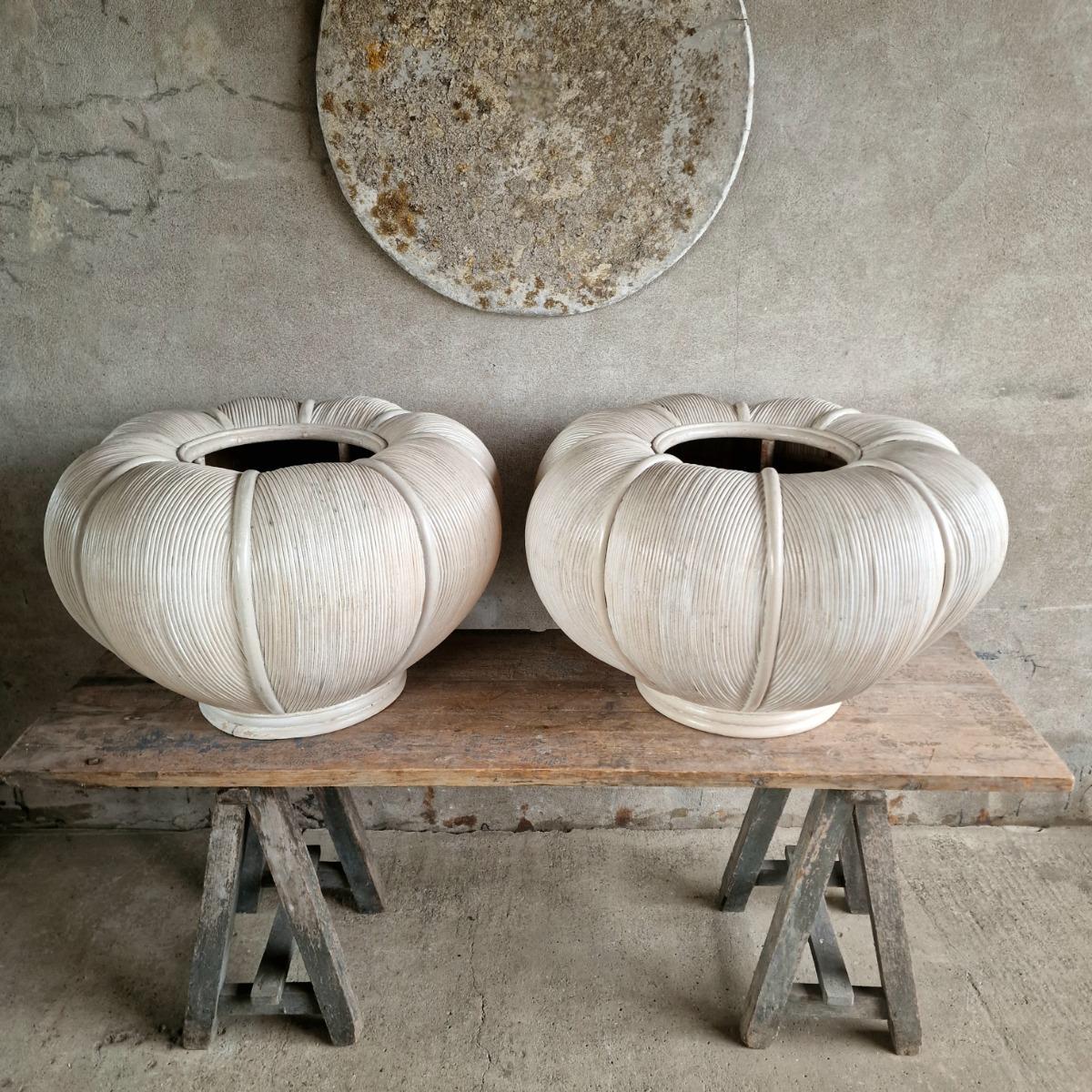 Pair of large bamboo cache-pots